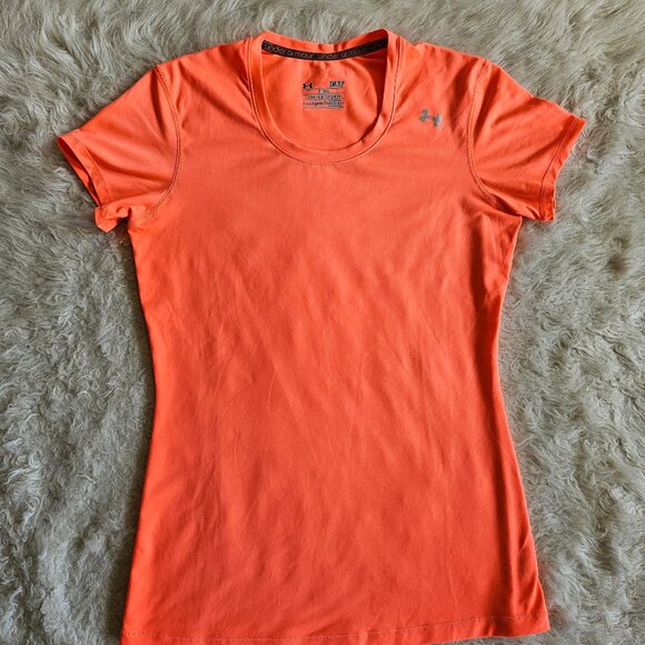 Under Amour Women's Orange Fitted Heatgear Short Sleeve Crew-Neck Shirt Size S - Picture 2 of 7